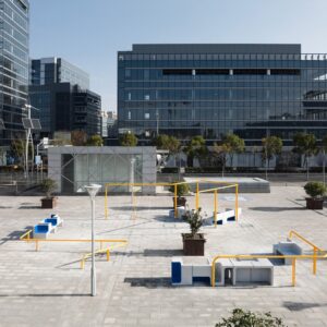 CONCRETE GEOMETRY YELLOW FRAME GEOMETRIC MODULAR CONCRETE LEISURE SEAT PUBLIC SPACE UNPOWERED ART REST DEVICE CUSTOM PROJECT