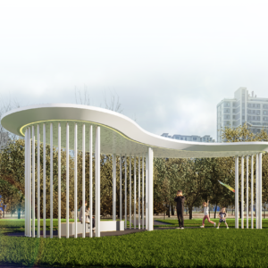 RAIN WATER COLLECTION ART PAVILION STREAMLINE CURVED SUNSHADE CORRIDOR COMMUNITY PARK LANDSCAPE PROJECT