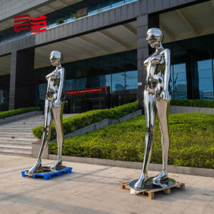 Stainless Steel Alien Female Standing Sculpture | Hotel Art Decor