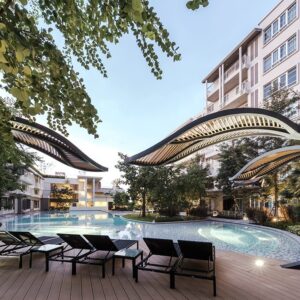 LEAF SUNSHADE PAVILION STREAMLINE ARC LEAF WATERSCAPE ART CORRIDOR RESIDENTIAL POOL COURTYARD VACATION STYLE PROJECT