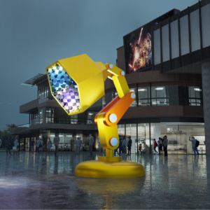 XUAN AI JING YU GIANT MECHANICAL ARM DIAMOND MIRROR LIGHT SHADOW INTERACTIVE PUBLIC ART INSTALLATION COMMERCIAL PLAZA CHECK-IN LANDMARK