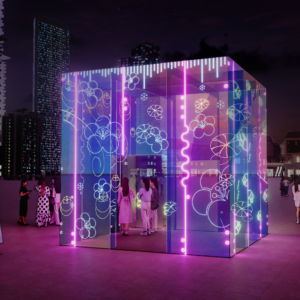 JI YU GUANG XIA FOUR SEASONS FLORAL GRADIENT GLASS NEON LIGHT CUBE IMMERSIVE INTERACTIVE PUBLIC ART INSTALLATION COMMERCIAL WATERFRONT CHECK-IN LANDMARK